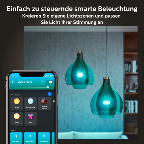 Philips Hue White & Col. Amb. E27 LED lamp starter set of 2 incl. smart button, 16 million colors, dimmable, controllable via app, compatible with Amazon Alexa (Echo, Echo Dot) - EDV-Guru (Guru e.U.)