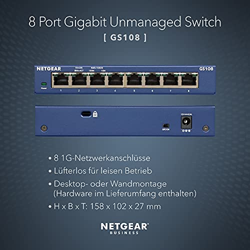 Коммутатор локальной сети NETGEAR GS108GE, 8-портовый сетевой коммутатор (гигабитный коммутатор Plug-and-Play, разветвитель локальной сети, распределитель локальной сети, концентратор Ethernet, безвентиляторный металлический корпус, пожизненная гарантия ProSAFE) - EDV-Guru (Guru e.U.)